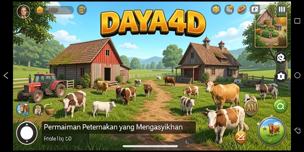 Tampilan gameplay DAYA4D dengan ladang yang hijau dan hewan ternak.