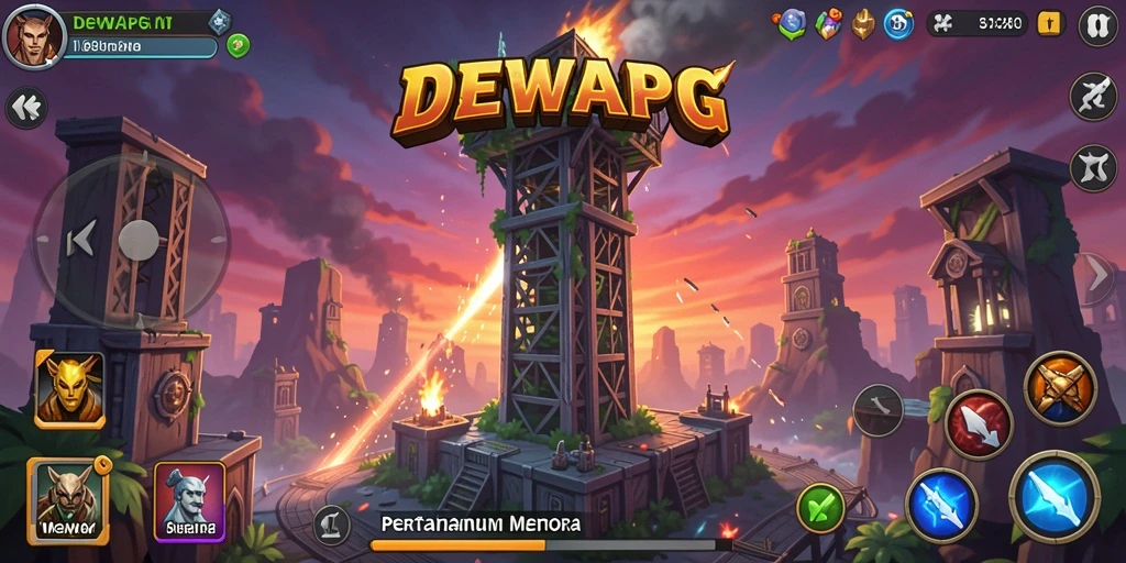 Tampilan gameplay epik dari DEWAPG dengan menara yang menghancurkan musuh.