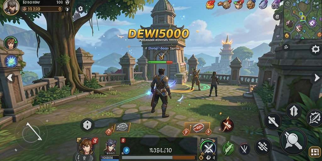 Tampilan gameplay DEWI5000 dengan menara yang siap mempertahankan dari serangan musuh.