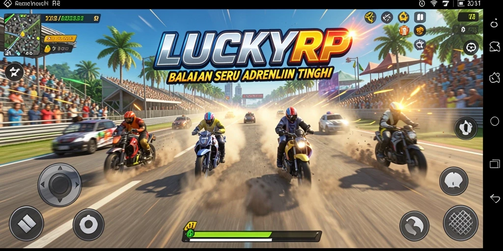 Screenshot gameplay <strong>LUCKYRP</strong> dengan balapan seru dan kendaraan cepat.