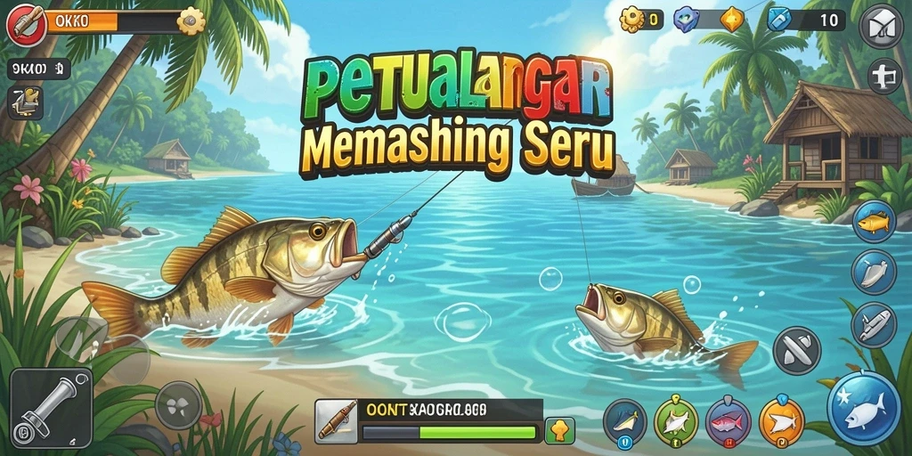 Screenshot gameplay OKJKT yang menampilkan aksi memancing yang seru.