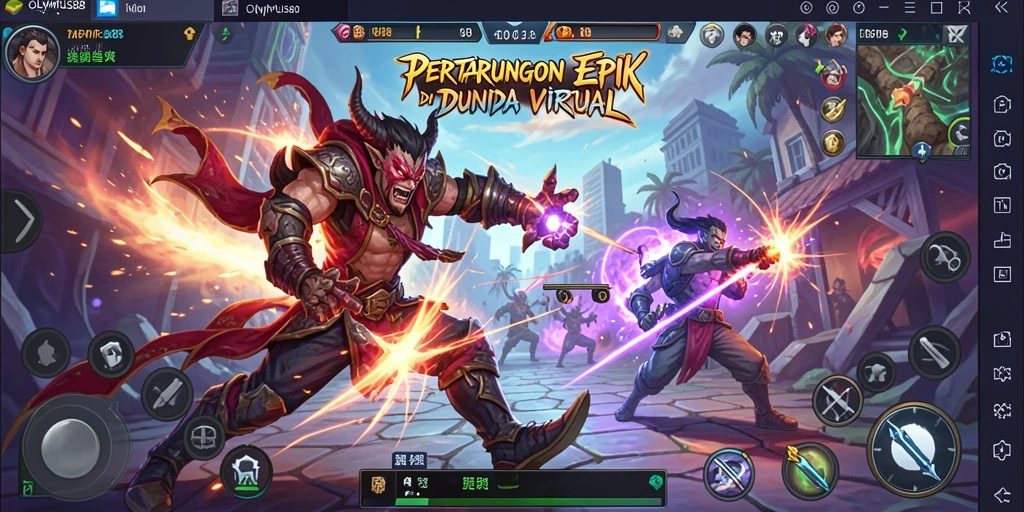 Tangkapan layar OLYMPUS88 menunjukkan karakter bertarung dengan visual yang menarik.