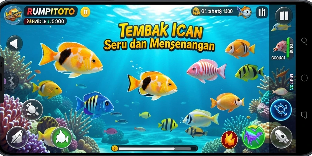 Screenshot gameplay RUMPITOTO menampilkan aksi menembak ikan yang seru.