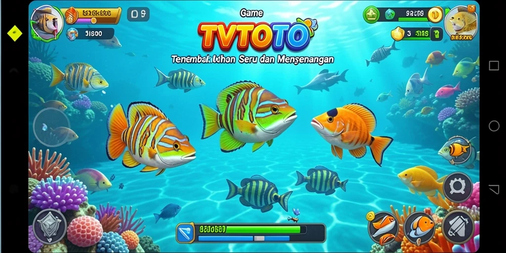 Tampilan gameplay TVTOTO yang memukau saat menembak ikan di lautan.