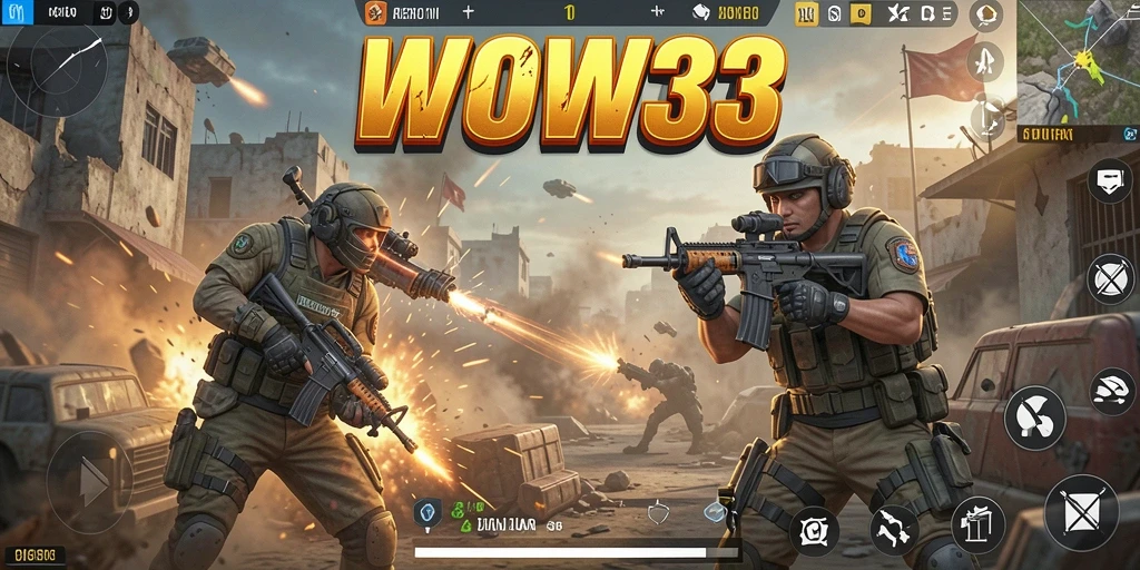 Gameplay WOW33 yang penuh aksi dan strategi dalam gaya Battle Royale.